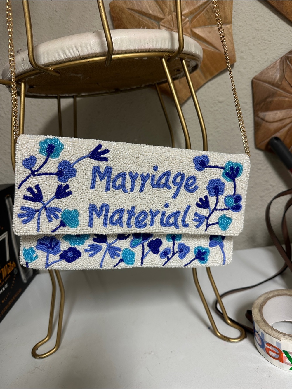 Marriage Material Beaded Clutch in White and Blue